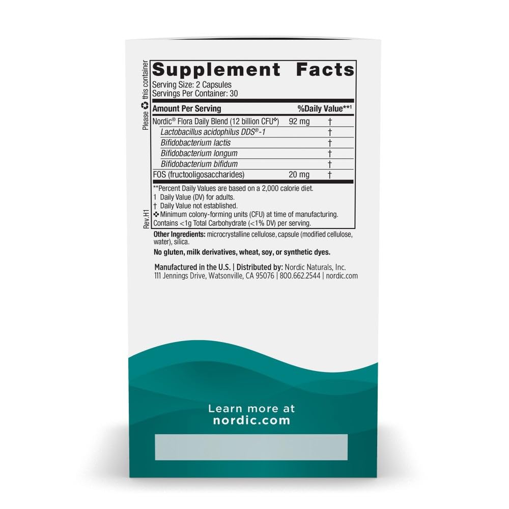 Nordic Naturals Nordic Flora Probiotic Daily - 60 Capsules - 4 Probiotic Strains with 12 Billion Cultures - Optimal Wellness, Immune Support, Digestive Health - Non-GMO, Vegan - 30 Servings Nordic NaturalsBuy Supplements Australia