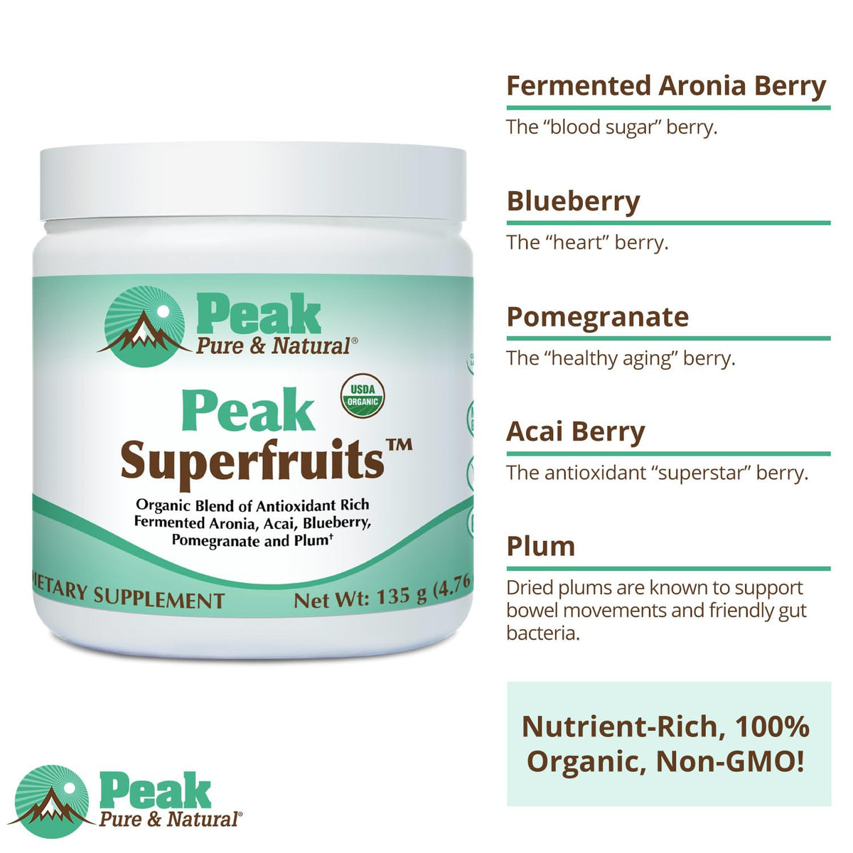 Peak Organic Superfruits - Polyphenol Rich Superfood Powder - Non-GMO Fermented Aronia Berry, Acai, Blueberry, Pomegranate, and Plum - Aging, Metabolic Health, Heart Health (30 Servings) Peak Pure & Natural buy supplements Au