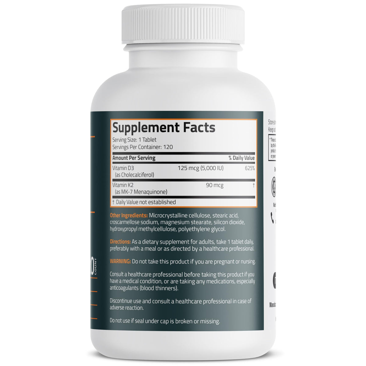 Bronson Vitamin K2 D3 (MK7) Supplement Non-GMO Formula Vitamin D3 5000IU (125 mcg) & 90 mcg K2 MK-7, Easy to Swallow D