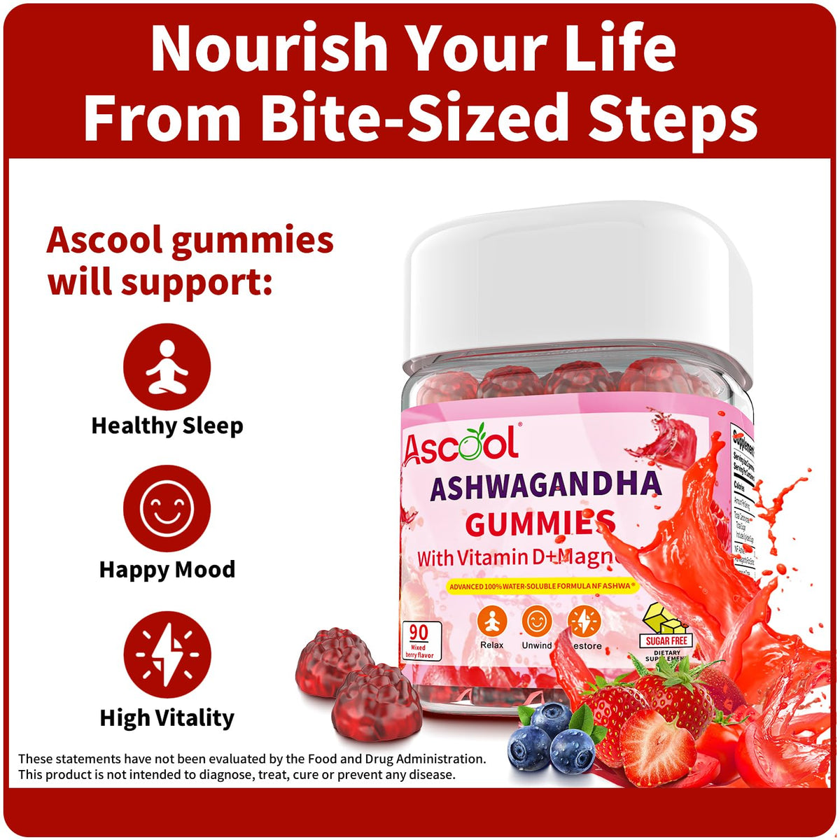 Ascool Ashwagandha Gummies for Stress Relief & Clam with Magnesium + Vitamin D – 90 Count Sugar-Free, Vegan Ashwa Supplements