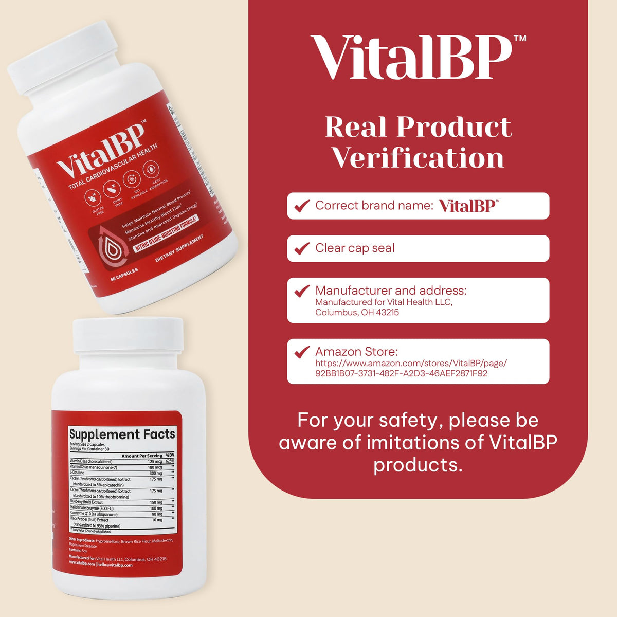 Vital BP - Support for Normal Blood Pressure - Supports Blood Flow & Arteries - with CoQ10, L-Citrulline, and K2 & D3-60 Capsules VitalBPBuy Supplements Australia