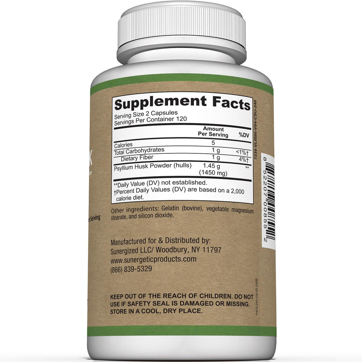 Premium Psyllium Husk Fiber Supplement 1450mg, 240 Capsules
