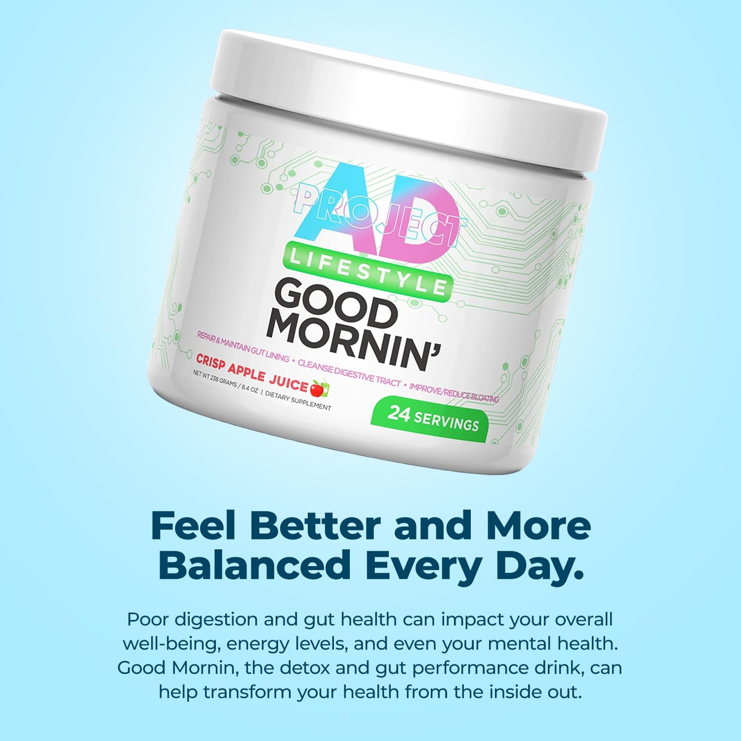Project AD Life Good Morning Detox and Performance Drink, Naturally Flavored and Formulated with L-GLutamine, Apple Cider Vinegar, and Aloe Vera (24 Servings, Summer Fruits)