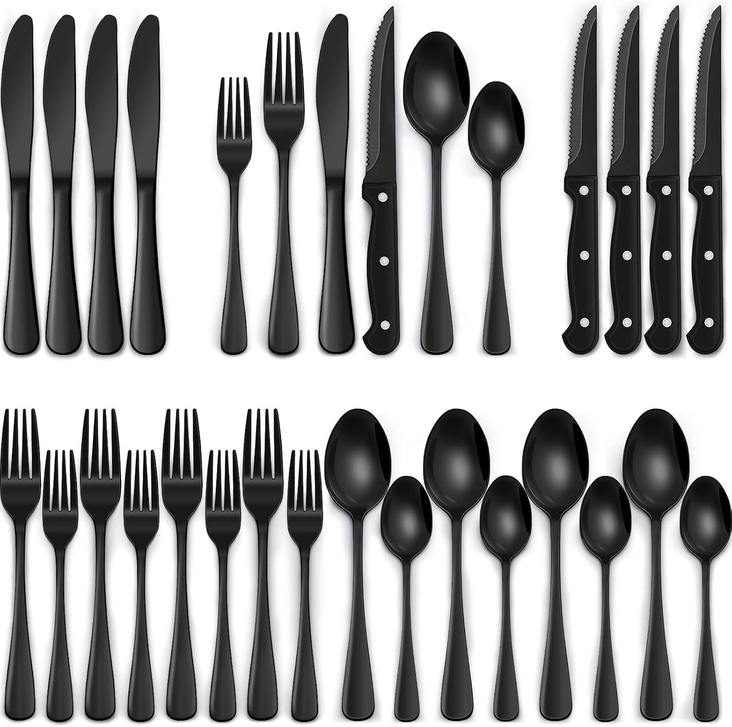 EWFEN 24-Piece Black Silverware Set with Steak Knives, Black Flatware Set for 4, Food-Grade Stainless Steel Tableware