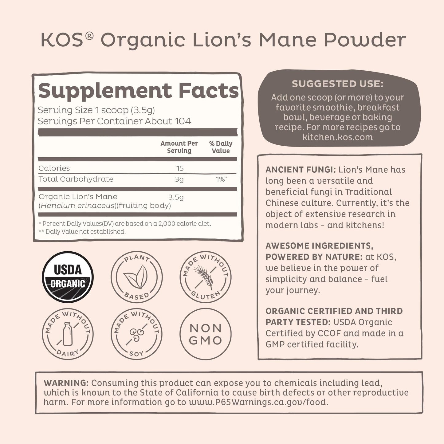 KOS Organic Lion's Mane Powder - Natural Nootropic Superfood - Vegan Functional Mushroom, Plant Based, USDA Certified, Non-GMO, Soy & Gluten-Free - 104 Servings KOS buy supplements Au