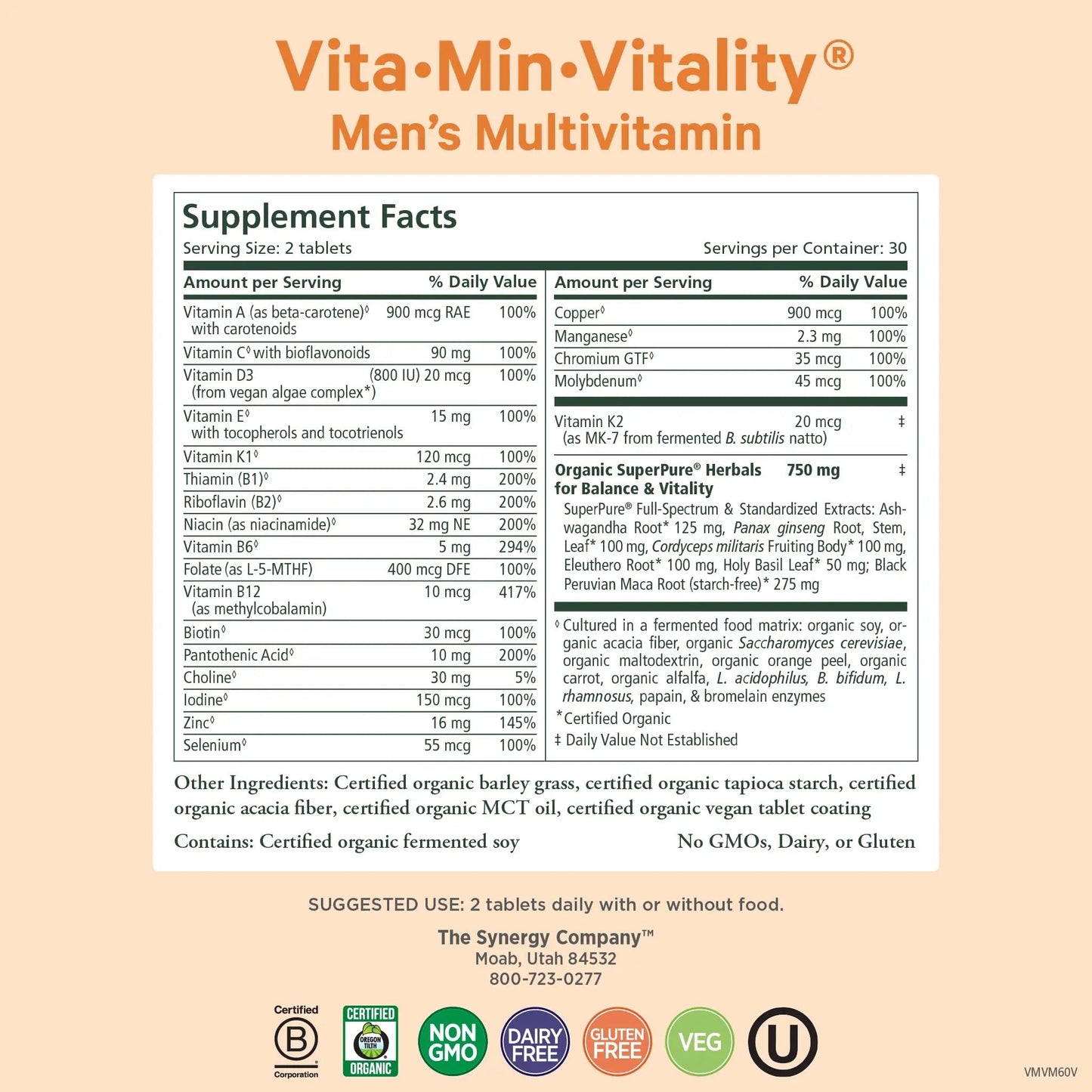 PURE SYNERGY Vita·Min·Vitality | Natural Multivitamin for Men | Men’s Daily Multivitamin Made with Organic Whole Foods | PURE SYNERGY