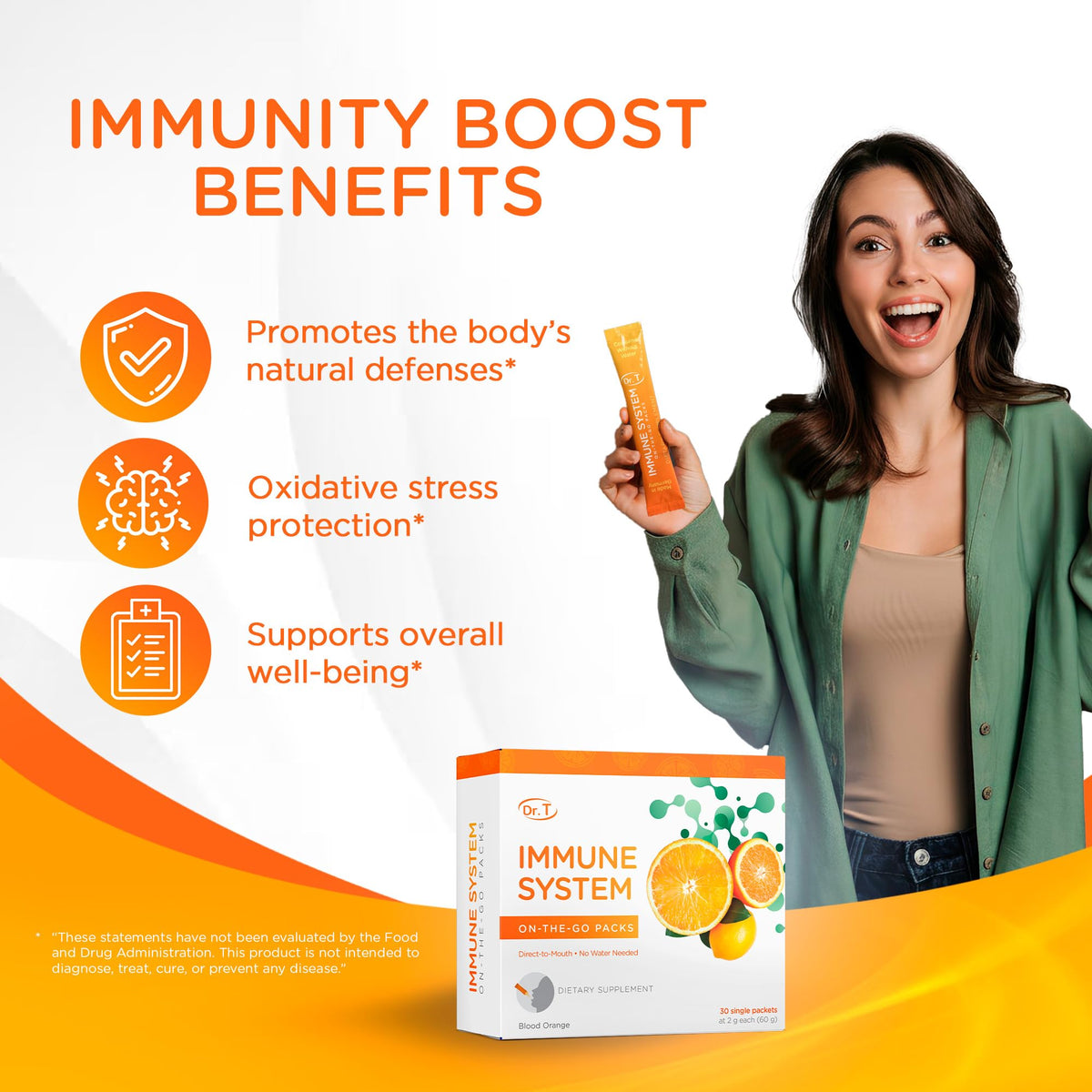 Dr. T On-the-go Packs – Immune System Formula – No Water Needed, Direct-to-Mouth – with Vitamins C, E, Zinc & Selenium – Supports Daily Wellness, Vitality & Overall Health – Orange, 30 Packs Dr. T buy supplements Au