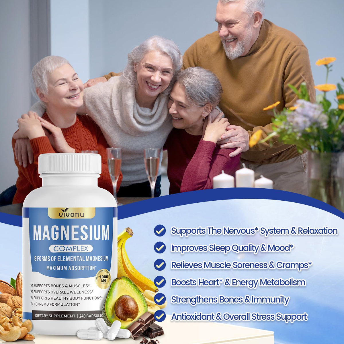 1000mg Magnesium Complex Capsules, 8-in-1 Magnesium Glycinate, Citrate, Malate, Taurate, Oxide, Carbonate, Aspartate, Orotate - 240 Capsules VivoNu buy supplements Au