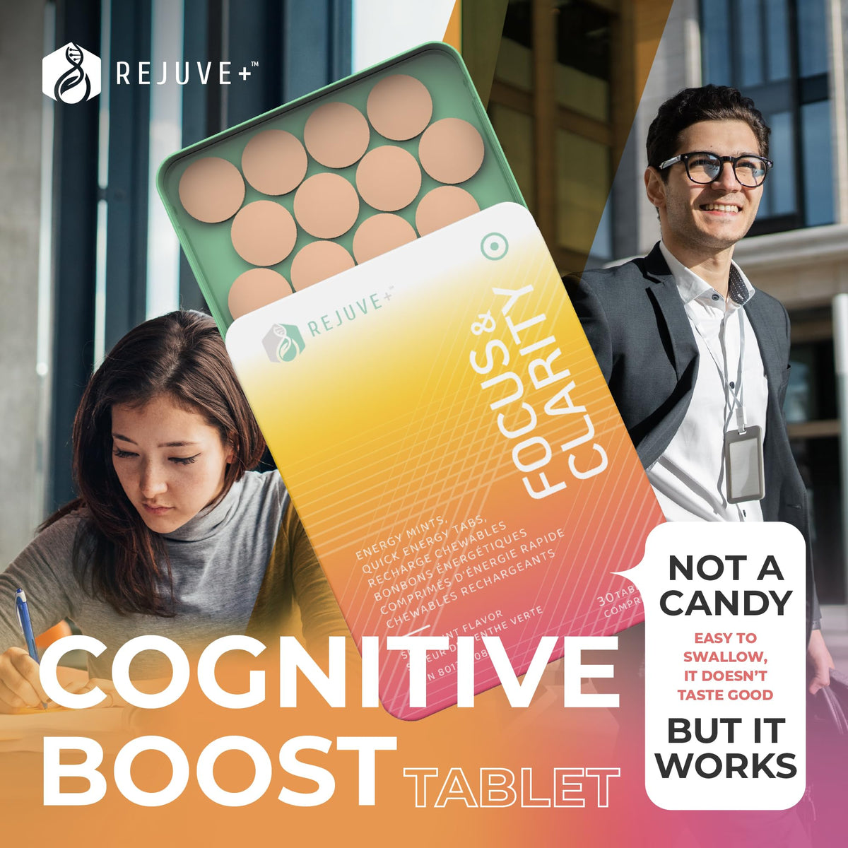 REJUVE+ Focus & Clarity Nootropic Supplement – Brian Boost | L-Theanine, Caffeine, Lion’s Mane, Magnesium, Vitamin B6 & B12 | Brain Support, Memory, Focus & Energy | Mint Flavor (30 Chewables) (1) REJUVE+ buy supplements Au