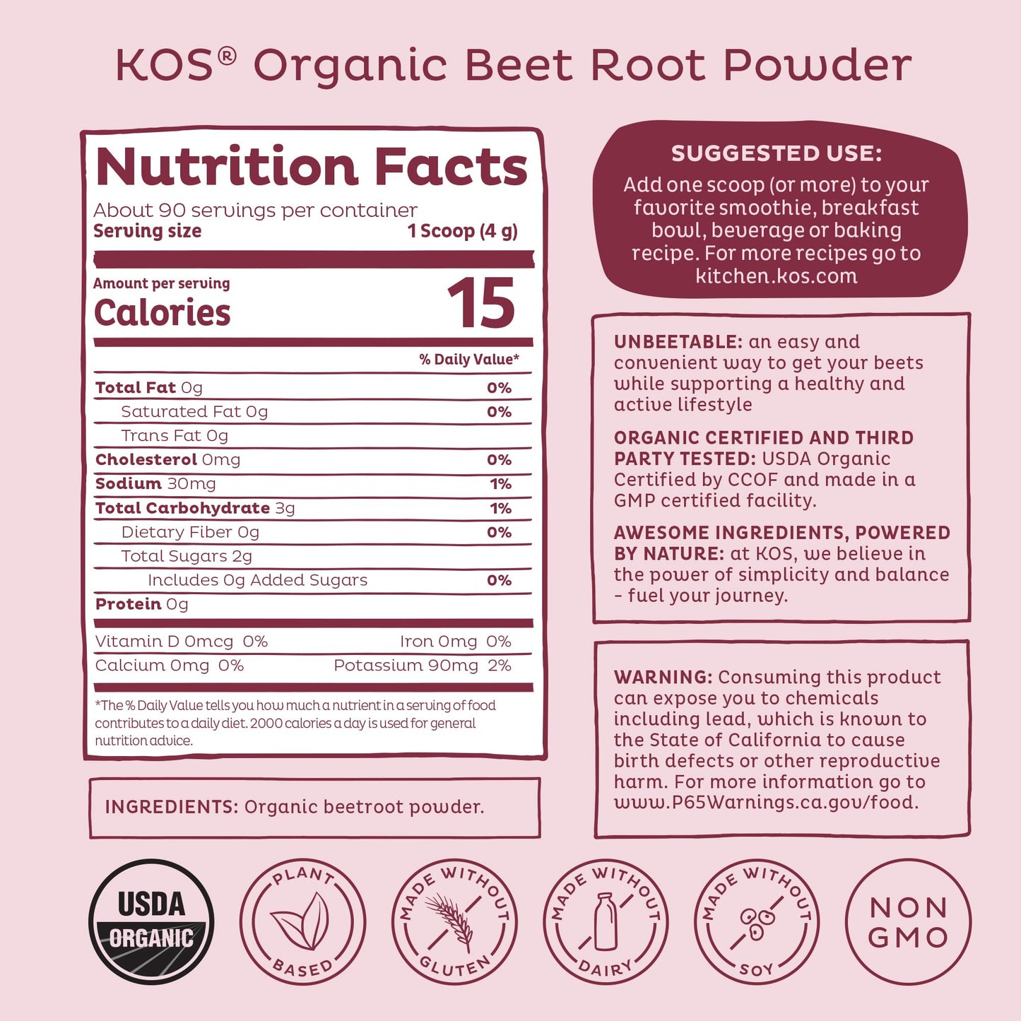 KOS Organic Beet Root Powder, USDA Organic - Natural Nitric Oxide Booster, Superfood Plant Based Beetroot Antioxidant, Supports Active Lifestyle & Healthy Circulation, Soy & Gluten-Free - 90 Servings KOS buy supplements Au