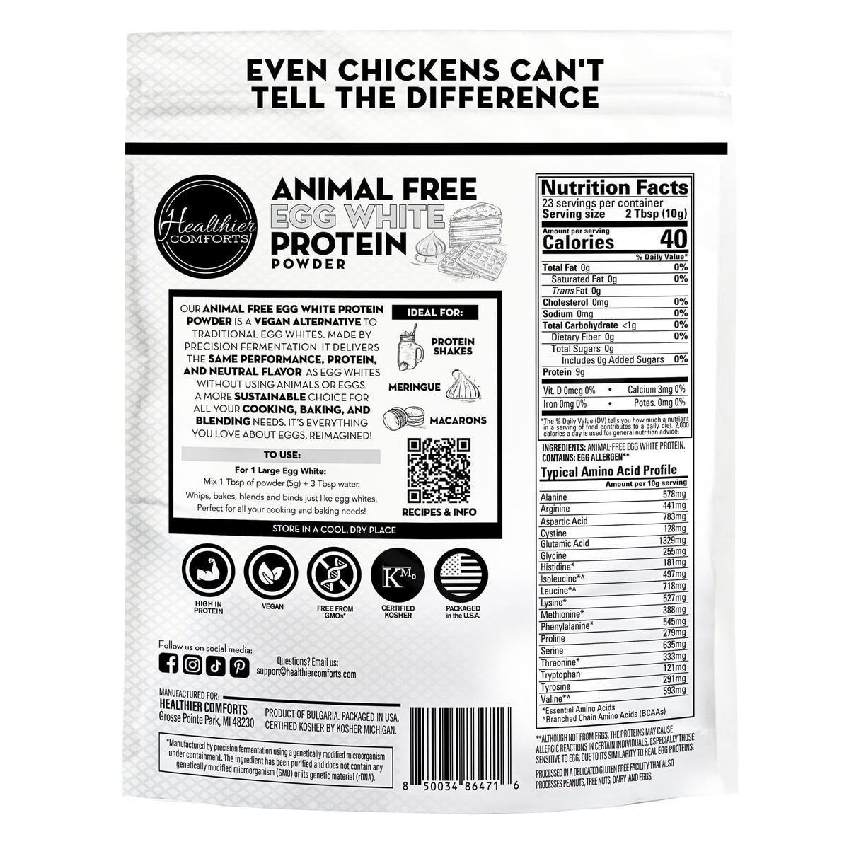 Healthier Comforts Animal-Free Egg White Protein Powder | Make Vegan Egg Omelets, Angel Food Cake, Meringue, Protein Shakes | Whips and Binds Just Like Traditional Egg Whites (8 oz)
