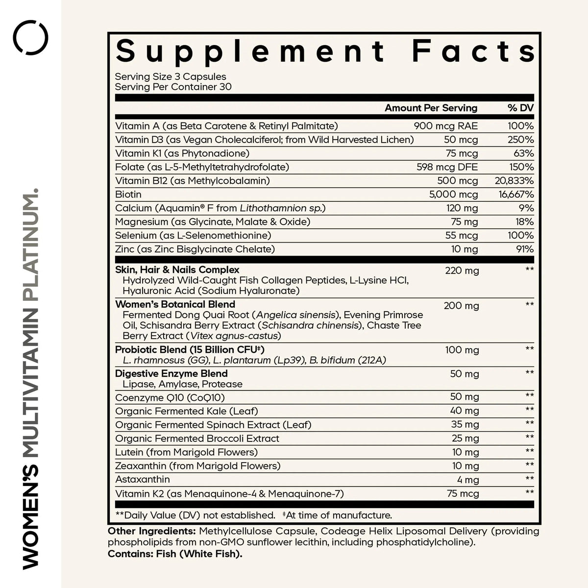 Codeage Women’s Multivitamin Platinum - Vitamins A D3 K1 K2 B12 & Minerals, CoQ10, Skin, Hair & Nails Complex, Collagen, Botanicals, Probiotics Codeage