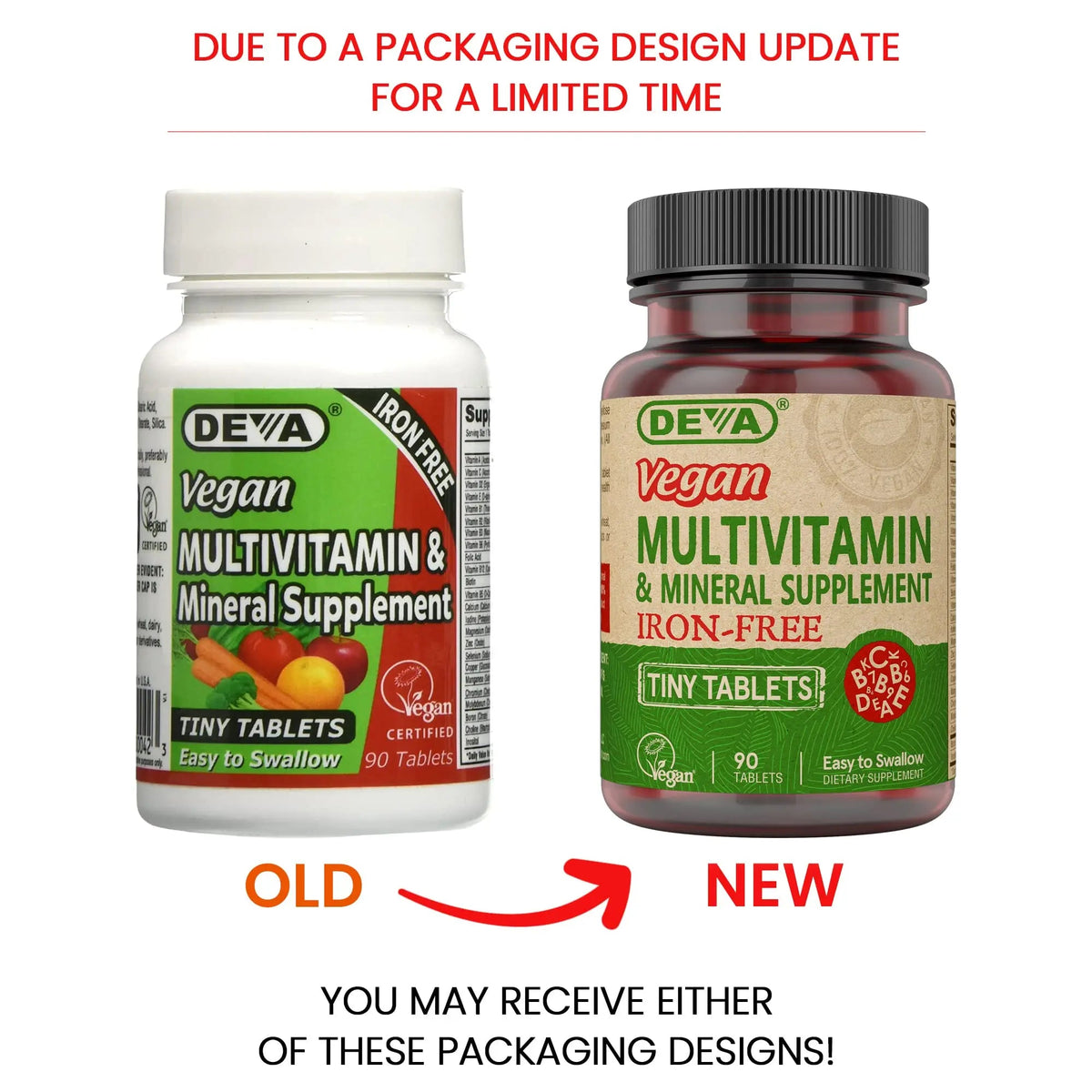 DEVA Vegan Iron-Free Multivitamin & Mineral Supplement, Vitamin C, D2, E & B-Complex, Biotin, 90 Tiny Tablets DEVA