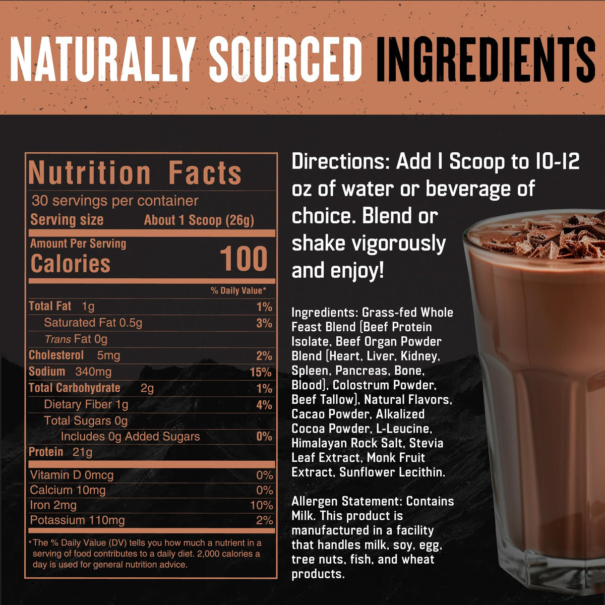 The Fittest Whole Feast Beef Protein Powder - Milk Chocolate - Grass Fed Nose to Tail Carnivore Blend Including Liver, Colostrum and Whole Bone - BCAAs - 14g Collagen, 21g Total Protein