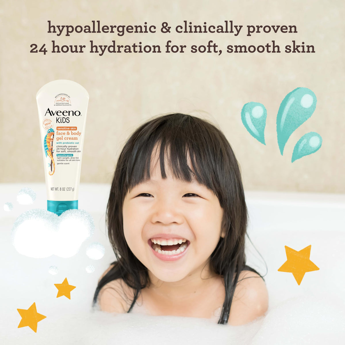 Aveeno Sensitive Skin Face & Body Gel Cream for Kids with Prebiotic Oat, Clinically Proven 24 Hour Hydration for Soft Skin