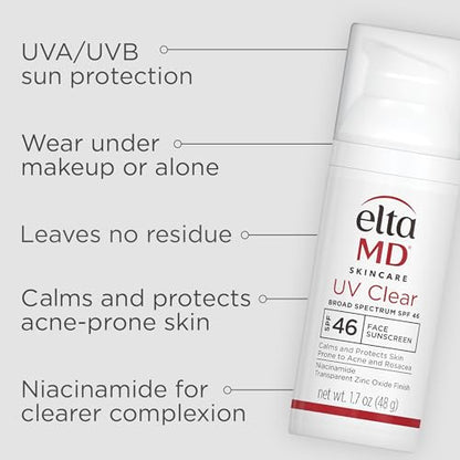 EltaMD UV Clear Face Sunscreen SPF 46, Oil Free for Face with Zinc Oxide, Dermatologist Recommended Sunscreen Lotion
