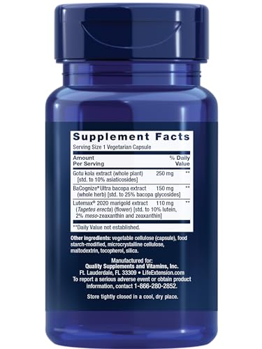 Life Extension Quick Brain Nootropic, Fast Thinking, Learning, Concentration, Lutein, zeaxanthin, gotu kola, bacopa, Gluten Free, Non-GMO, Vegetarian, 1 Daily, 30 Capsules, (Pack of 2) Life Extension buy supplements Au