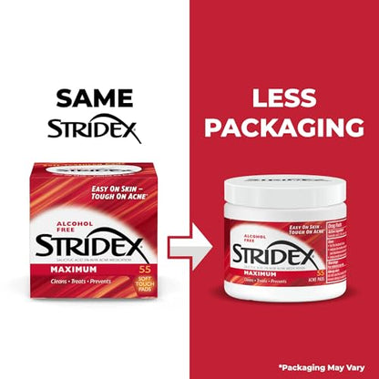 Stridex Medicated Acne Pads, Maximum, 55 Count – Facial Cleansing Wipes, Alcohol Free