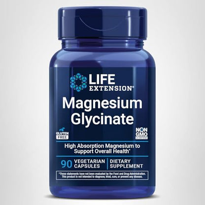 Life Extension Magnesium Glycinate, Heart Health, Bone Health, Nerve and Muscle Support, Highly absorbable, Gluten-Free, Non-GMO, Vegetarian, 90 Capsules Life ExtensionBuy Supplements Australia