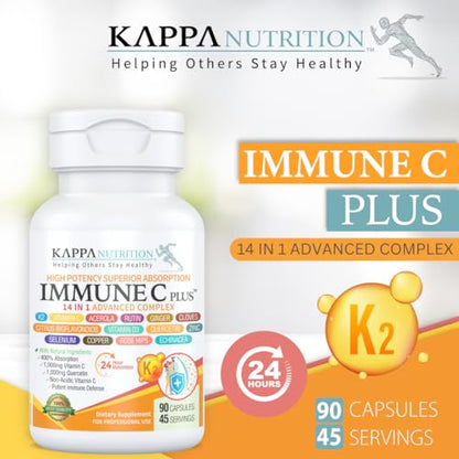 Quercetin 1,000mg, Vitamin C 1,000mg, Zinc 50mg, Vitamin D3 5,000iu, Selenium, Copper, Acerola, Ginger, Rutin, Bitter Orange, Rose Hips, Echinacea, Immune C Plus, 14 in 1 Immune C Plus (60 Count) KAPPA NUTRITIONBuy Supplements Australia