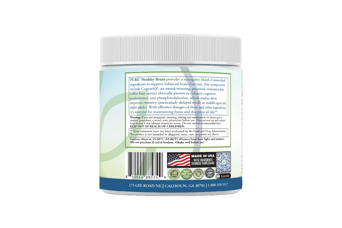 PURE® Healthy Brain Nootropic Powder - 30 Servings - 1.25g Lion’s Mane, 600mg Alpha-GPC & KSM-66® Ashwagandha - Cognitive Support for Memory, Focus & Stress Relief - 147 Grams, Strawberry Flavor! PURE buy supplements Au