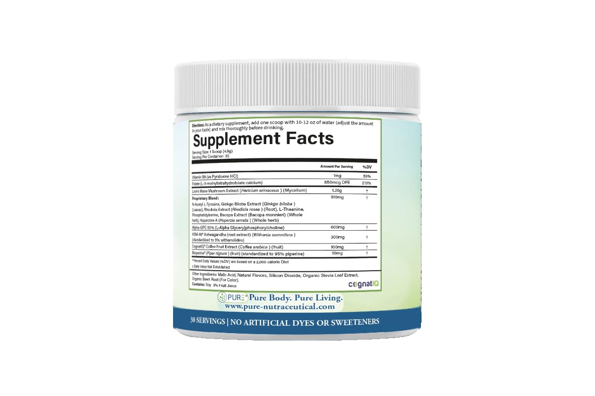 PURE® Healthy Brain Nootropic Powder - 30 Servings - 1.25g Lion’s Mane, 600mg Alpha-GPC & KSM-66® Ashwagandha - Cognitive Support for Memory, Focus & Stress Relief - 147 Grams, Strawberry Flavor! PURE buy supplements Au