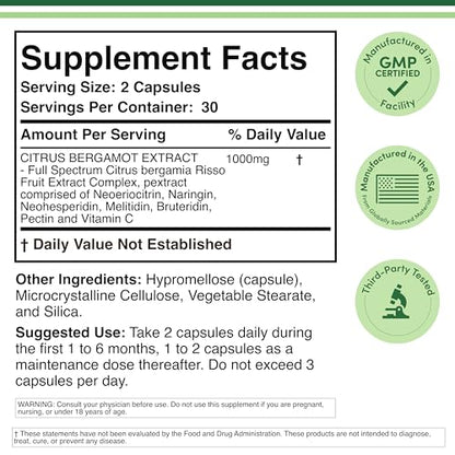 Citrus Bergamot Supplement, 1000mg, 60 Capsules - Supports Healthy Cholesterol & Triglyceride Levels - 1,000mg Servings