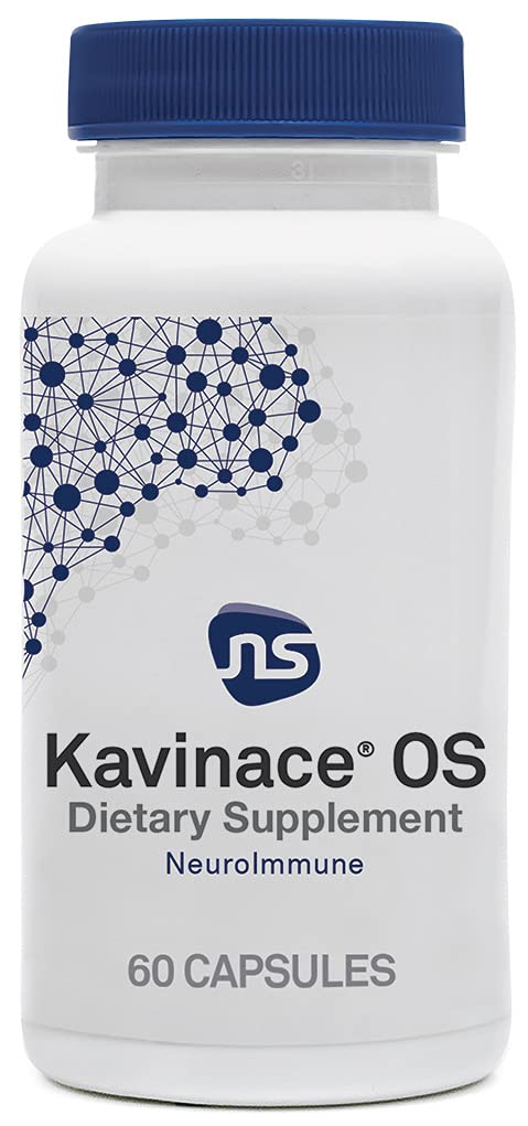 Kavinace OS dietary supplement bottle with blue cap and white label on a white background