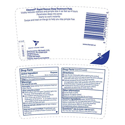 Clearasil Rapid Rescue Deep Treatment Acne Face Pads, Maximum Strenght with 2% Salicylic Acid Acne