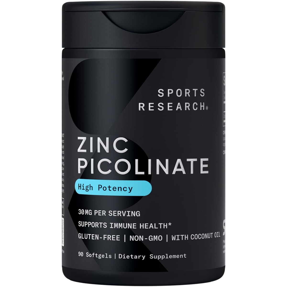 Sports Research High Potency Zinc Picolinate 30mg with Organic Coconut Oil | Highly Absorbable Zinc Supplement for Healthy Immune & Enzyme Function