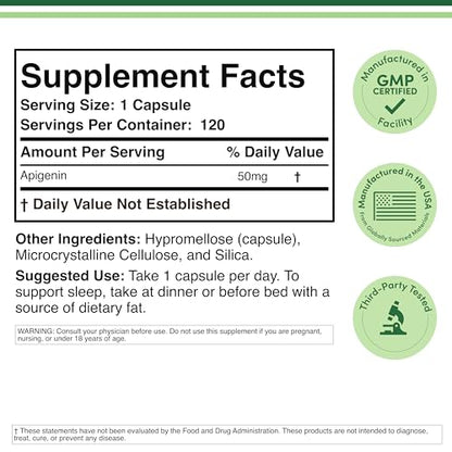 Apigenin Supplement - 50mg per Capsule, 120 Count (Powerful Bioflavonoid Found in Chamomile Tea for Relaxation, Sleep, and Mood) Senolytic