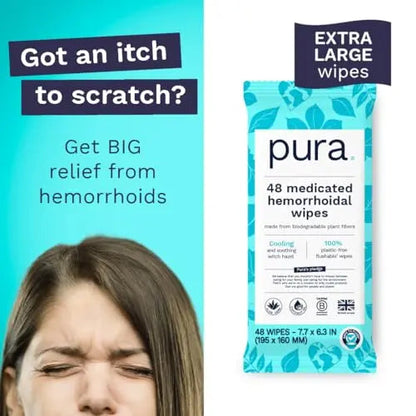 Pura Flushable Hemorrhoid Wipes XL, 48 Count, Medicated with Cooling Witch Hazel, Aloe & Coconut Oil, Fast Relief, Fragrance-Free, 100% Plastic-Free PuraBuy Supplements Australia
