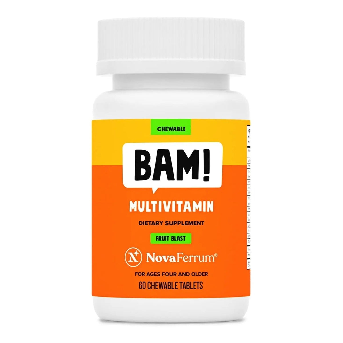 NovaFerrum BAM Chewable Multivitamin for Kids & Adults Ages 4 and Above – Fruit Blast Flavor – 60 Chewable Tablets NovaFerrum