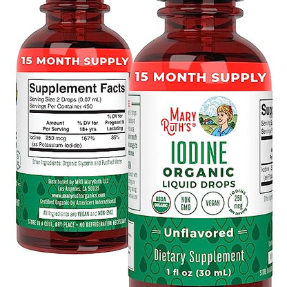 MaryRuth Organics Iodine Liquid Drops | Potassium Iodide | 1 Year Supply | 450 Servings | Thyroid Health | USDA Organic|