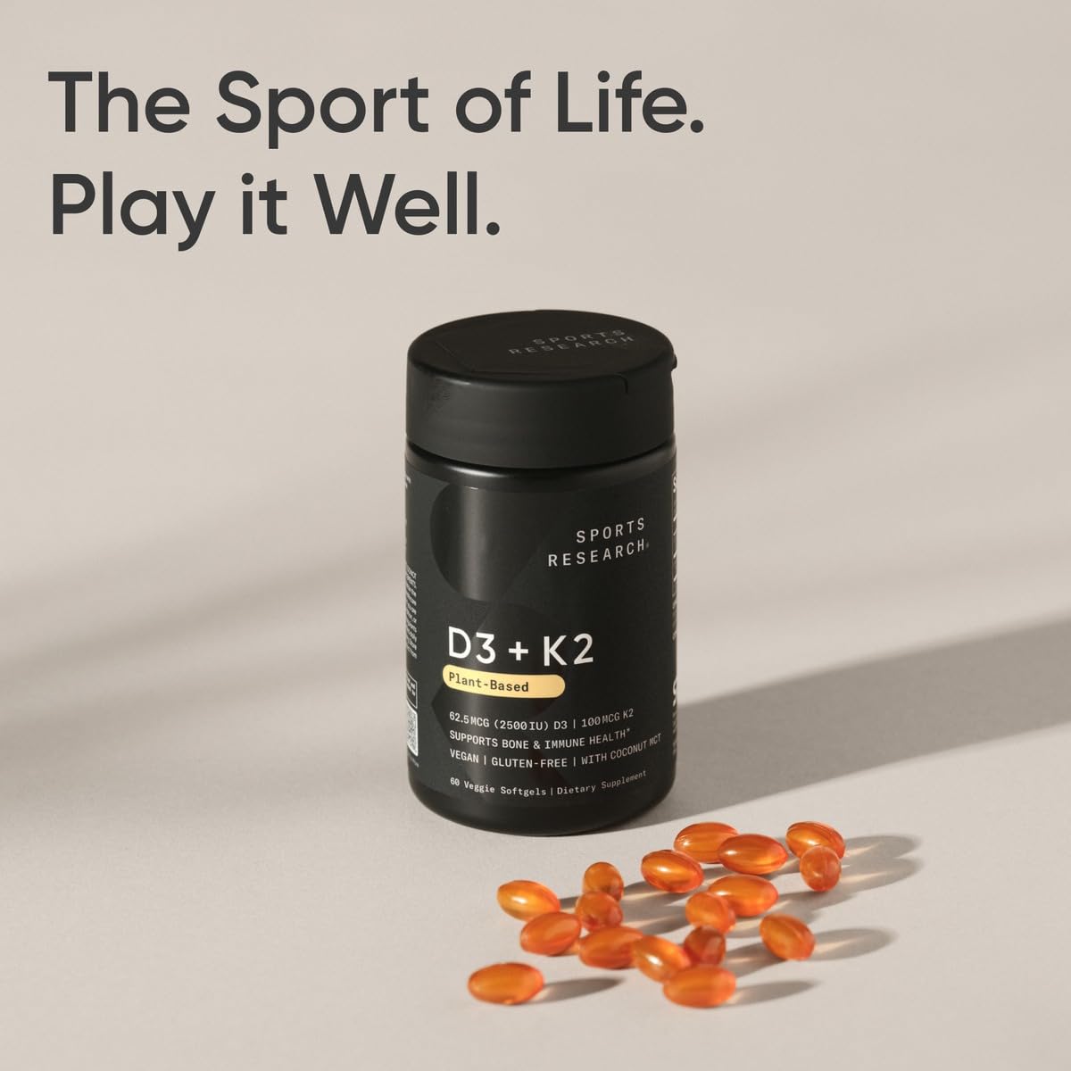Sports Research® Vitamin D3 + K2 w/Coconut Oil - Vegan Vitamin D 2500iu (62.5mcg) & Mk7 Vitamin K 100mcg for Bone & Immune Support - Vegan Certified · Non-GMO · Soy Free - 60 Softgels Sports Research buy supplements Au
