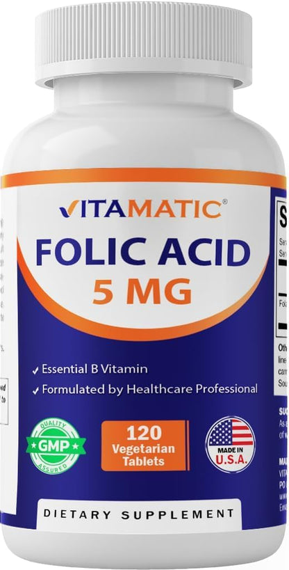 Vitamatic Folic Acid 5mg (5000 mcg) – 120 Vegetarian Tablets High Potency Vitamin B9 (Folate) for Cellular Health