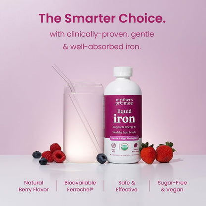 Organic Liquid Iron Supplement for Women, Men & Kids with Vitamin C | Sugar Free Natural Berry Flavor Non Constipating Vegan Ferrochel