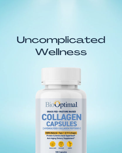 BioOptimal Collagen Peptides Capsules - Grass-Fed, Pasture-Raised Hydrolyzed Protein S]n-GMO, Zero Sugar Daily Pills for Men & Women (180 Capsules)