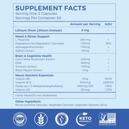 AiVital™ Lithium Orotate 5mg, 13-in-1 Lithium Supplement with Magnesium Glycinate, L-theanine & DHA for Daily Balance, Focus & Clarity, Low-Dose Formula, Non-GMO, Gluten Free, Vegan, 120 Capsules AiVitalBuy Supplements Australia