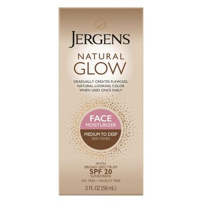Jergens Natural Glow Self Tanner Face Moisturizer with SPF 20 Facial Sunscreen, Medium to Deep Skin Tone, Sunless Tanning, Oil Free