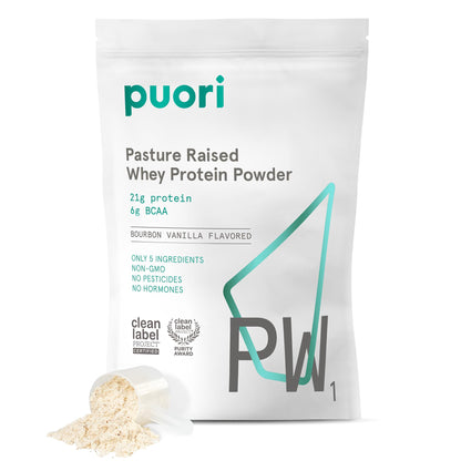 Puori Whey Protein Powder, Bourbon Vanilla - PW1 Pasture-Raised, Grass-Fed Whey Protein Powder Drink Mix containing BCAA Amino Acids - Post-Workout Supplement