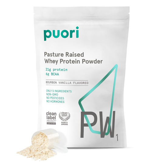 Puori Whey Protein Powder, Bourbon Vanilla - PW1 Pasture-Raised, Grass-Fed Whey Protein Powder Drink Mix containing BCAA Amino Acids - Post-Workout Supplement