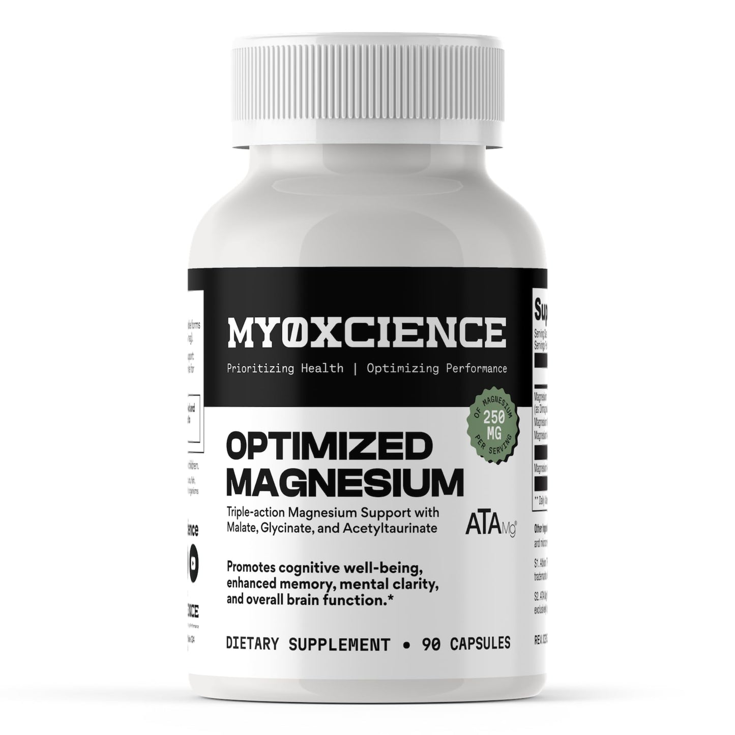 Supplement bottle labeled 'MyoxScience Optimized Magnesium' on a white background