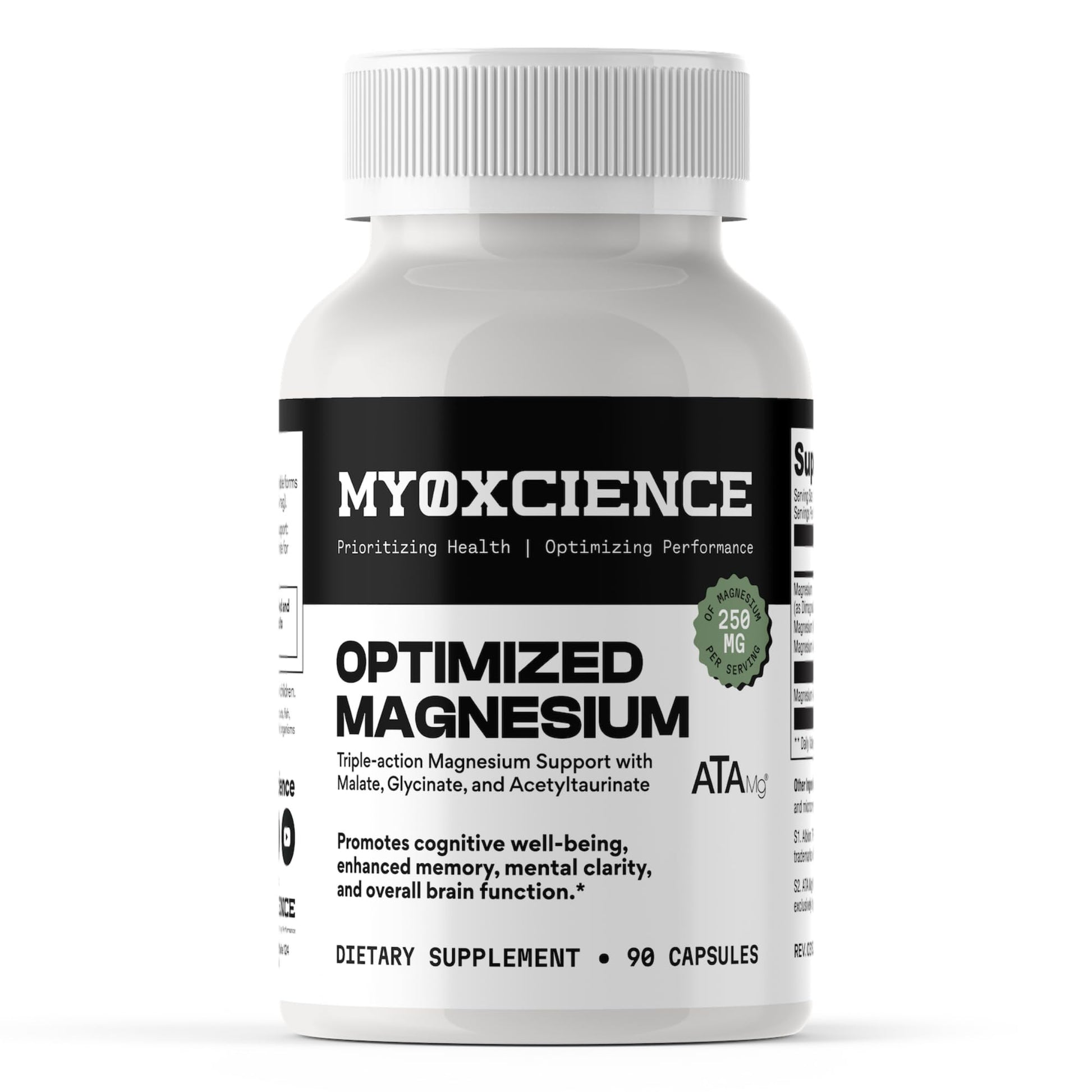 Supplement bottle labeled 'MyoxScience Optimized Magnesium' on a white background