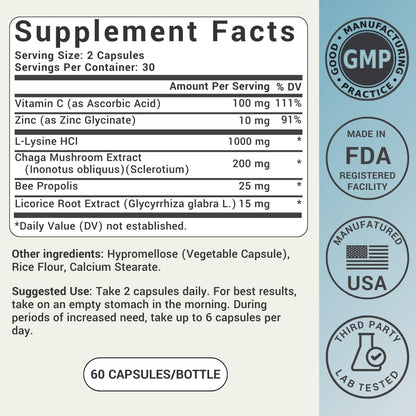 L-Lysine Cold Sore Treatment For Lips With Immune Support - L Lysine 1000mg Capsules, Chaga, Bee Propolis, Vitamin C, Zinc & Licorice Root Extract - Non-GMO, Vegetarian,