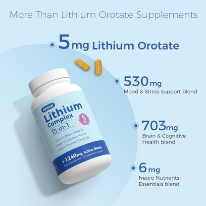 AiVital™ Lithium Orotate 5mg, 13-in-1 Lithium Supplement with Magnesium Glycinate, L-theanine & DHA for Daily Balance, Focus & Clarity, Low-Dose Formula, Non-GMO, Gluten Free, Vegan, 120 Capsules AiVitalBuy Supplements Australia