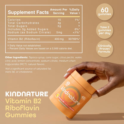 kindnature Vitamin B2 Gummies - Riboflavin 400mg Supplement for Kids & Adults - Non-GMO, Soy & Gluten-Free, Vegan Chewable Gummies (30 Day Supply) (2)