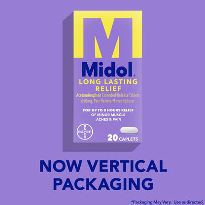 Midol Long Lasting Relief 20ct: Midol Long Lasting Relief, Menstrual Symptom Reliever & Fever Reducer, Caplets with Acetaminophen for Menstrual Pain Relief - 20 Count (Packaging May Vary) MidolBuy Supplements Australia