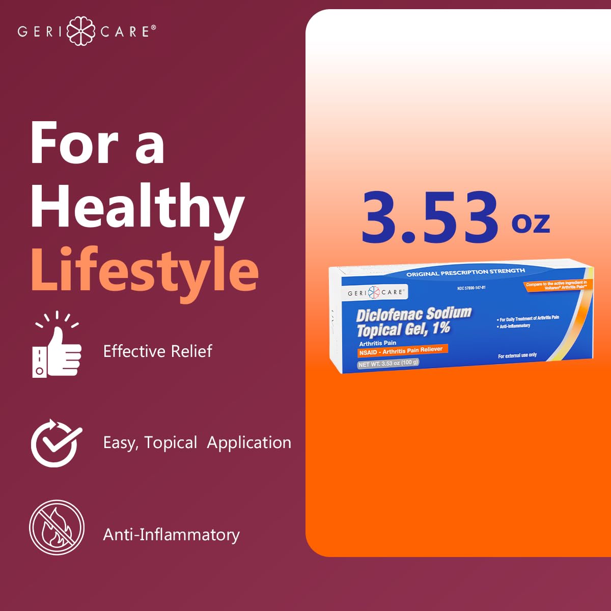 GeriCare Topical Arthritis Pain Relief Gel Diclofenac Sodium 1% (NSAID) Hand Wrist Elbow Foot Ankle Knee Extra-Strength Pain Reliever- Anti-inflammatory Arthritis Pain Treatment, 3.53oz (3 Pack) GeriCareBuy Supplements Australia