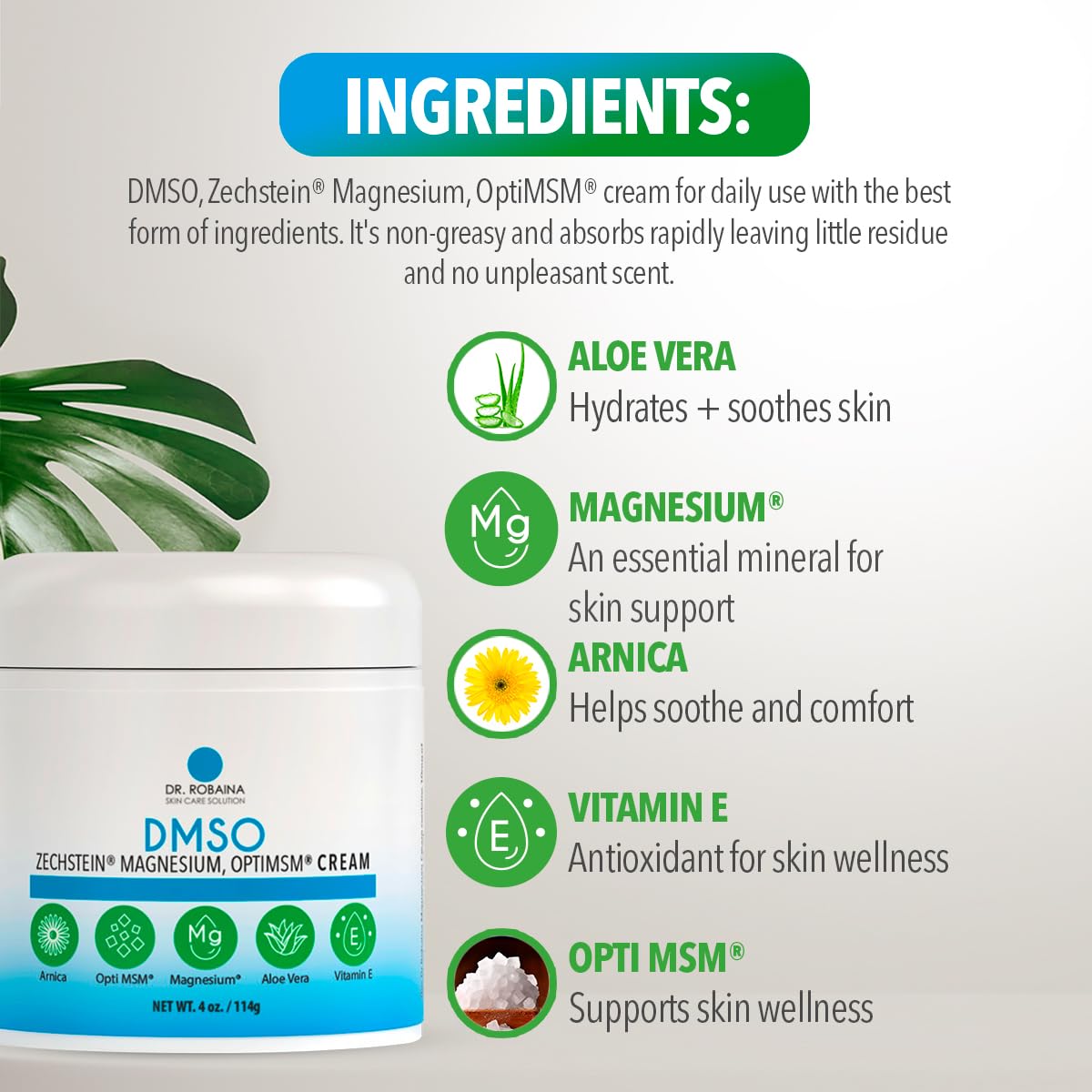 Dr. Robaina DMSO Cream - 99.9% Pure DMSO Pharmaceutical Grade | Formula with Zechstein Magnesium, Arnica, Aloe Vera, Vitamin E - 4 oz Dr. Robaina buy supplements Au